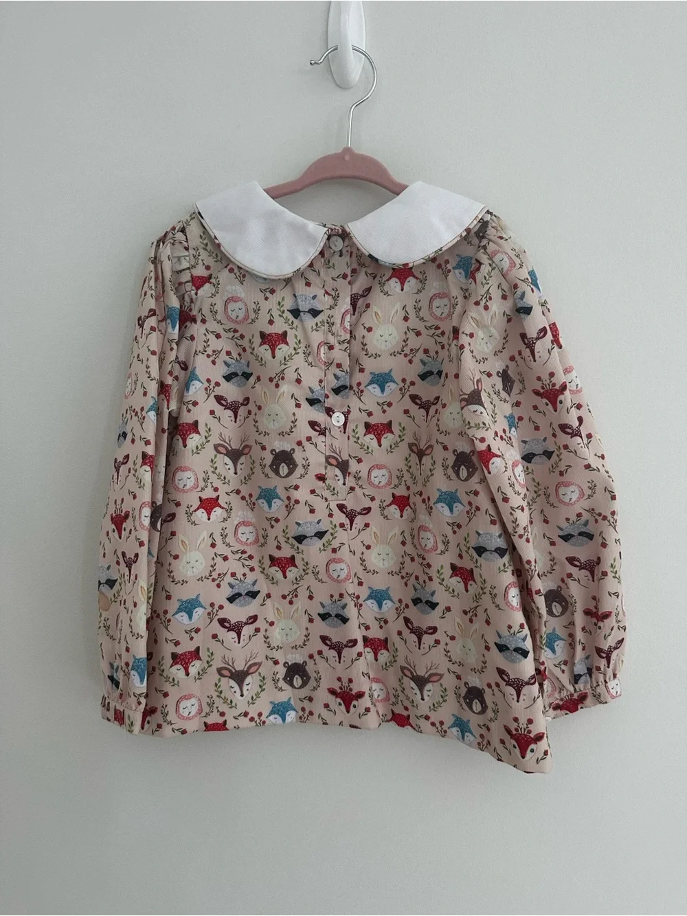 Smockingbird Girls Woodland Animal Print Peter Pan Collar Top with Pink Bow